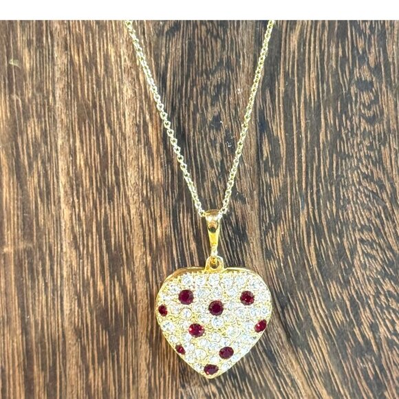 Vintage Gold Heart Locket Necklace With Ruby Red and Clear Rhinestones Stones - Picture 1 of 10